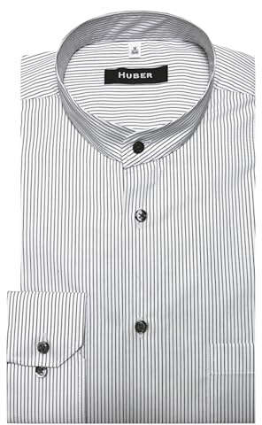 HUBER Herren Stehkragen Hemd Langarm mit Streifen Weiss-grau 3XL