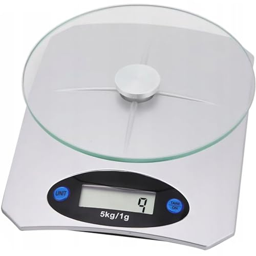 Retoo Digital köksvåg, 5 kg med stor LCD-skärm, digital våg med lättläst, vägningsfunktion, hushållsvåg med tara, finvåg, gramvåg, matvåg, silver