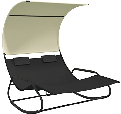 Gecheer Doppel-Schaukelliege mit Sonnendach Saunaliege Schaukelstuhl Gartenmöbel Sonnenliege Gartenliege Relaxliege Liegestuhl Strandliege Freizeitliege 175,5 x 137,5 x 182,5 cm,Schwarz und Creme
