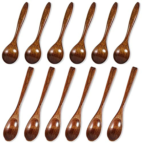 DaKuan Lot de 12 petites cuillères en bois pour manger, soupe, riz, café, épices, thé, confiture (15,2 cm et 14 cm)