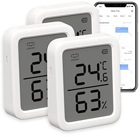 SwitchBot Innen Thermometer Hygrometer 3 Stück, Innentemperatur-Feuchtigkeitssensor mit intelligenter Warnung und 68-Tage-Datenspeicherung, Bluetooth-Raumthermometer für Baby, Zuhause, Garage
