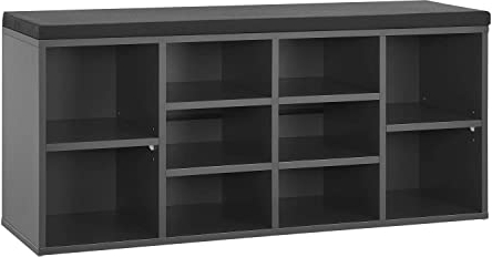 Juskys Schuhregal Holz mit Polsterung, Stoff & 10 Fächern höhenverstellbar 104x30x48 cm - Regal mit Sitzbank bis 150 kg - Dunkelgrau/Schwarz