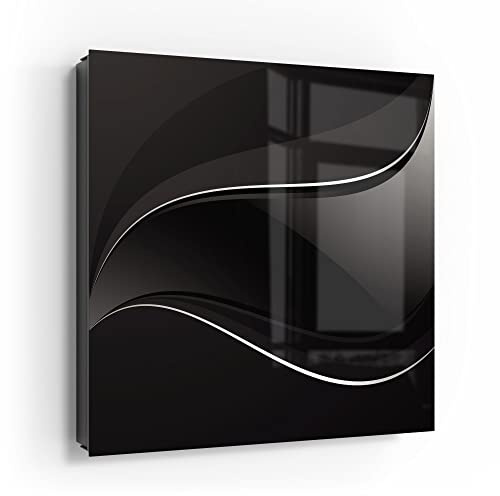 DEQORI Schlüsselkasten schwarz | 30x30 cm | Motiv Dunkle Wellengrafik | Glas & Metall Schlüssel-Box | Schlüsselschrank mit 50 Haken + 2 Magnete | Moderne Box magnetisch & beschreibbar