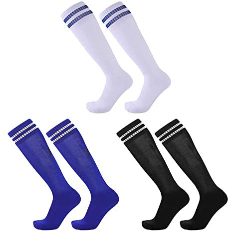 TSHAOUN 3 Paar Fußballsocken Sportsocken Kinder Unisex, Trainingssocken Elastische Socken für Jungen Mädchen von 5-12 Jahren für Fußballtraining, Laufen, Sport, Schwarz Blau Weiß, Einheitsgröße (3)