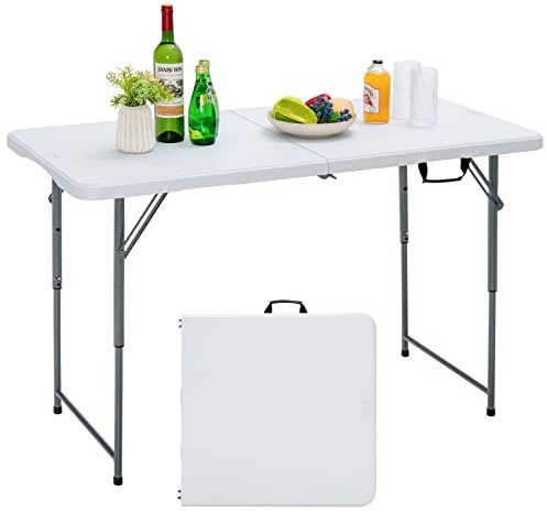KOMFOTTEU Tavolo Pieghevole Regolabile in Altezza, Tavolo Campeggio Richiudibile e Portatile con Maniglia di Trasporto, Tavolo Picnic Salvaspazio in HDPE, Telaio in Ferro, 120 x 60 x 74,5 cm, Bianco