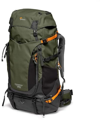 Lowepro PhotoSport PRO BP 70L AW IV med återvunnet tyg, ryggsäck för spegellös/spegelreflexkameror, åtkomst fram/bak, avtagbar kamerainsats, tillbehörsremmar, storlek S/M, mörkgrå/grön