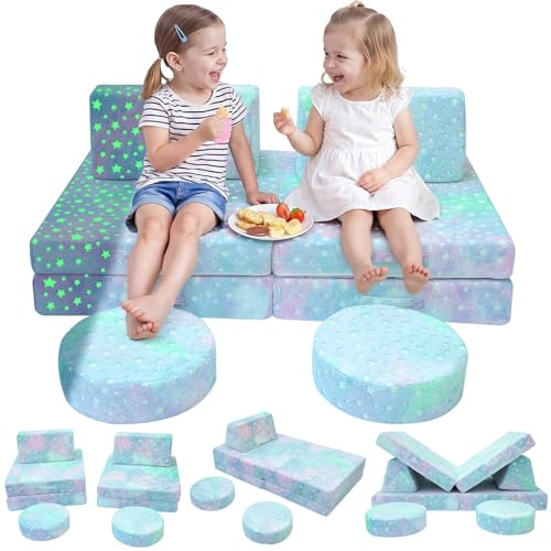 MeMoreCool Kids Play Sofa Bed, Glow Sofa Modular Toddler Armchair Couch Bed for Bedroom Playroom, 8-Piece Fold Out Couch Play Set, Creative Baby Couch Children Convertible Sofa Chair