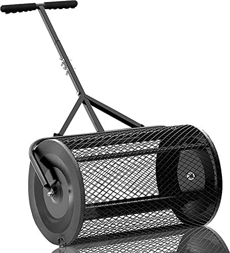 CYTBEK Rasen- und Gartenstreuer, 24-Zoll-Hochleistungs-Rollen-/Schleppstreuer aus Metallgeflecht, Kompost, Torfmoos, Muttererde, Mulch – Garten- und Rasenpflege, Miststreuer für Rasen, Garten und Hof