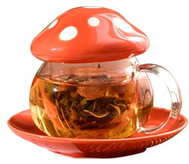 soulnioi Mushroom Mug, Glass Tea Cup with Infuser, Cute Milk Mug with Ceramic Lid and Coaster, 290ML Mushroom Tea Mug for Home, Office - Red