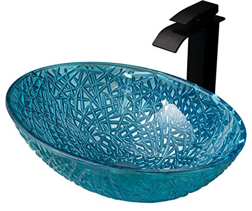 TEmkin Badezimmer-Waschbecken, oval, Glaswaschbecken mit Rissmuster, blaues Kunstwaschbecken, Aufsatzwaschbecken mit Pop-Up-Ablauf, Waschbecken (mit Wasserhahn)