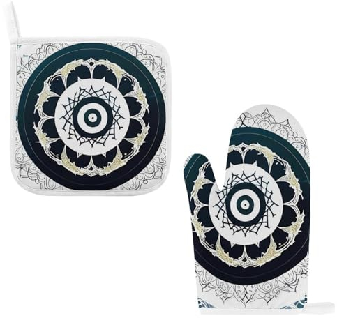 Ofenhandschuhe und Topflappen, hitzebeständige Ofenhandschuhe, Baumwolle, Hot Pads für Küche, Schwarz und Weiß, rund, Totem, rutschfeste Kochhandschuhe, 2 Stück, Ofen-Topflappen-Set zum Backen,