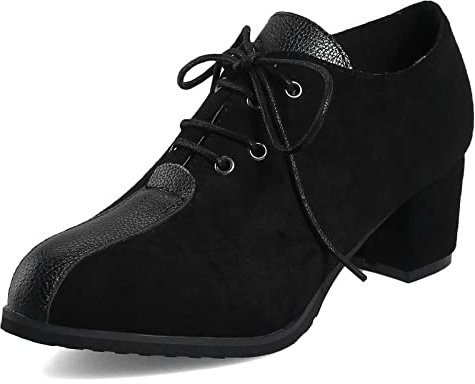 Gicoiz Oxford Damen Pointed Toe Schnüren Buro Blockabsatz Brogue Schuhe Vintage Wildleder Geschlossen Arbeit Formal Lack Pump Schwarz Gr 40 EU-41Cn