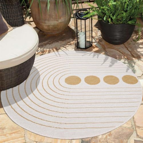 carpet city Outdoor Teppich Wetterfest 160 cm Rund - Creme-Gelb - Wendeteppich, Beidseitiges Kreisförmiges Muster - Balkonteppich Wasserfest Outdoor - Terrassenteppich