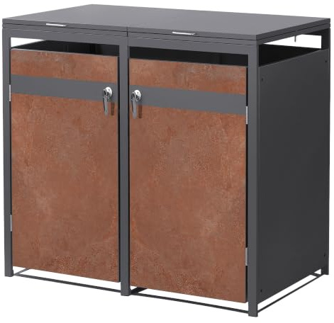 ML-Design Box pour 2 Poubelles, jusqu'à 240L, 132x80x120 cm, en Acier/Acier Corten, Anthracite/Aspect Rouillé, Résistant aux Intempéries, avec Couvercle Rabattable / 2 Portes, Conteneur Abri Hangar