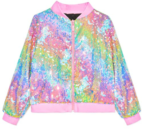 OlyPegic Mädchen-Bomberjacke mit Pailletten, mit Taschen, glitzernde Oberbekleidung, Reißverschluss, langärmelig, Geburtstagsjacken, Regenbogen-Einhorn