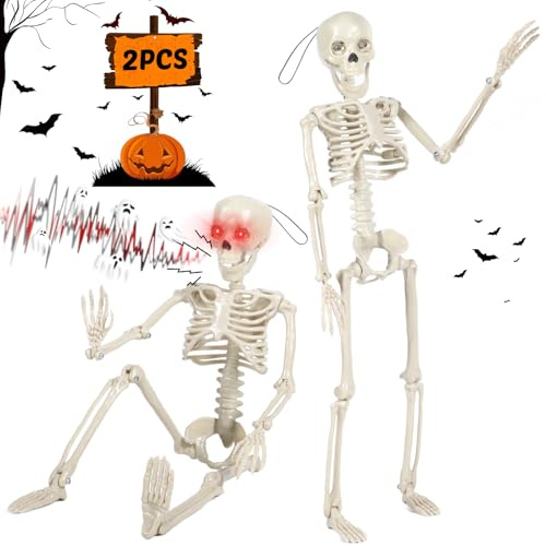 JEDWKFA 2 Stück Halloween Skelett, 40 cm Dekoration Mit Beweglichen Gelenken, Glühen und Gruseligen Geräuschen - Deko für Party, Garten, Outdoor