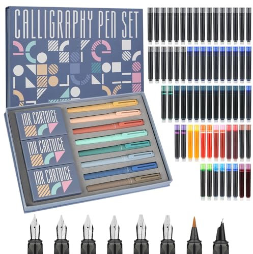 GC QUILL Kalligraphie-Stift-Set - 8 Kalligraphie-Füllfederhalter mit verschiedenen Federn, 66 Tintenpatronen (14 Farben) - Schreiben, Zeichnen, Kalligraphie-Übung für Anfänger GC-F866