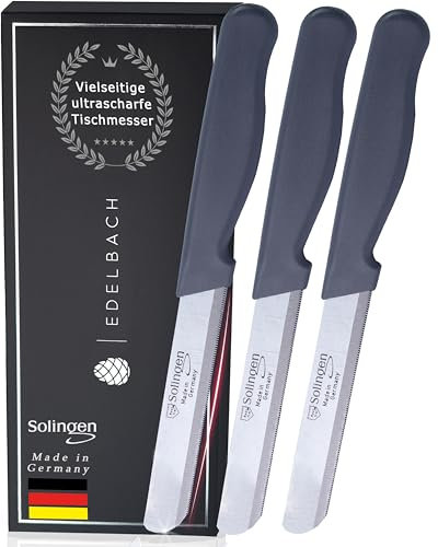 Edelbach Solingen Küchenmesser Set | Frühstücksmesser m. Feinschliff | Ultrascharf Messerset Made in Germany | Tafelmesser, Buttermesser, Brötchenmesser, Brotmesser, Messer Set (3x Küchenmesser)