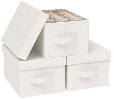 ENUMAIL Faltbarer Aufbewahrungsboxen aus Stoff,33x23x18cm,Beige,3 Stück | Aufbewahrungsbox mit Deckel,Schubladen Organizer Box,Waschbare Ordnungsboxen,für Würfelregal,Kleideraufbewahrungsbehälter