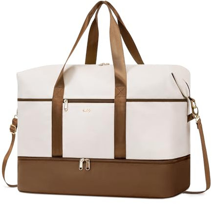 COOLIFE Reisetasche, Weekender Bag Groß 50×25×34cm mit Schuhfach und Separater Nassbeutel Wasserdicht, Handgepäck Tasche für Reise Krankenhaus Gym (Weiß/Braun)