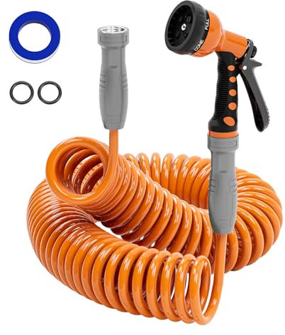 SPECILITE 0,95 cm leichter Spiralschlauch, 2,5 m, EVA-Wasserschlauch mit 6 Sprühdüsen für Boot, Gewächshaus, Hof, Terrasse, Orange