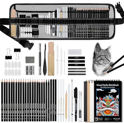 KIMIGO Lot de 60 crayons à dessin,Crayons de Dessin Professionnels,crayons à croquis,Crayon Dessin Kit,fournitures artistiques avec carnet de croquis 3 couleurs,graphite,fusain,Crayons Set