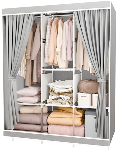 BAOKALER Portable Closet for Hanging Clothes 67 Inch Wide Large Capacity Portable Wardrobe Closet with Cover, Storage Shelves and 3 Hanging Rod, Gray Wardrobe Closet Easy to Assemble and Strong