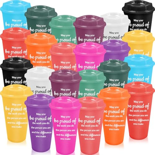 Lot de 24 gobelets à café en plastique avec couvercles colorés réutilisables pour la fête des pères – 473 ml – Gobelets inspirants pour enseignants, collègues, employés – Cadeaux de Noël