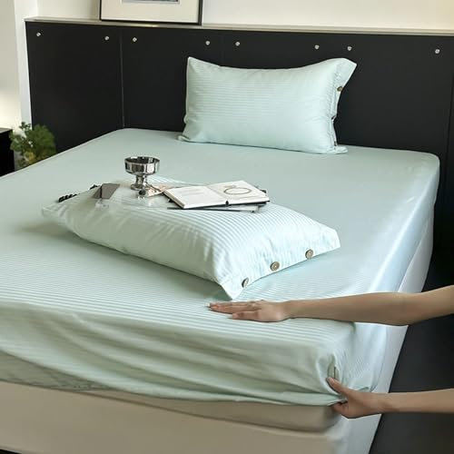 KnSam Hell Blau Betttuch 180x200cm Elastisch, Streifen Muster Spannbettlaken Gesteppt Einfarbig Faltenresistent und Ausbleichen, Baumwolle Laken für Bett Unterbett Schutz für Matratze