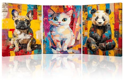PIY PAINTING 3pcs Animale Astratto Quadro Moderno Soggiorno Panda, Cane e Gatto Immagini Pittura, Decorazione Canvas Quadretti Da Parete, Stampe Su Tela Camera Da Letto Con Cornice 30×40cm