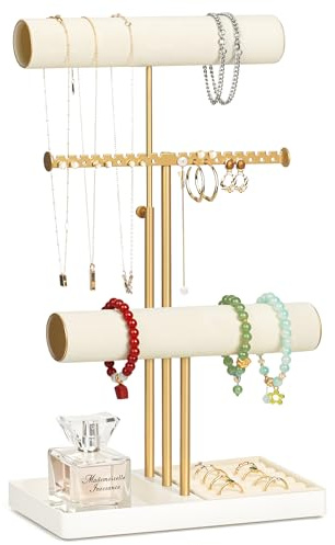 SIOMK Jewelry Stand Organizer with Velvet T-Bar Holder & Ring Tray, Height-adjustable Gold Metal Display Rack for Bracelets, Necklaces, Earrings, Studs, Rings - Elegant Storage for Women & Girls