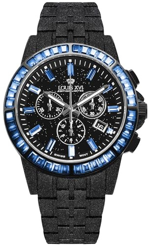 LOUIS XVI Majesté Frosted Iced Out 1181 - Ø 43 mm - Herren Uhr - Wasserdicht - Mit Saphirglas - Armband Schwarz - CZ-Diamanten Blau - Schweizer Quarzwerk