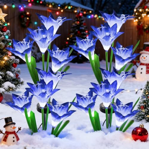 XVZ Solarleuchten für Außen, 4 Stück, LED-Solar-Lilien-Blumen mit 7 Farbwechseln, LED-Solarleuchten für Garten, Terrasse, Hof, Weg, Party, Hochzeit, Zaun Deko - Blau
