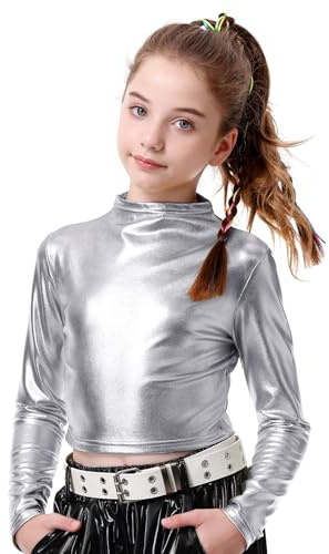 LOLANTA Top Corto metálico de Cuello Alto para niña, Camisa Brillante de Baile para Hip Hop, Discoteca, Escenario y Fiesta, Plateado, 8-9 años, 140