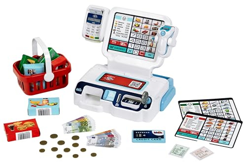 Theo Klein 7265 Caisse Libre-Service, Scanneur avec lumière et Son I Ecran à 3 thèmes interchangeables, Panier, Argent fictif, etc, Jouets pour Enfants à partir de 3 Ans