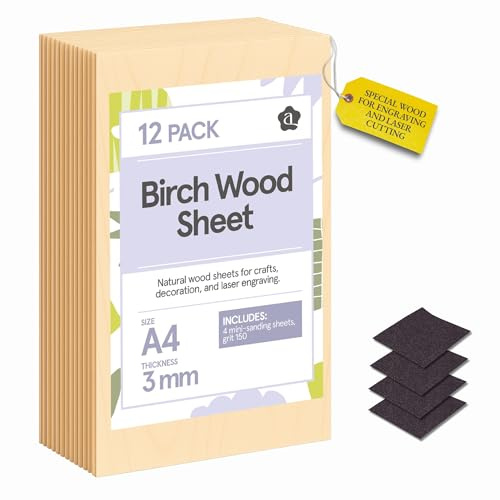 Ayurvana Láminas de Contrachapado de Abedul A4 - Pack 12 Unidades 3 mm - Para Grabado Láser, Corte CNC, Manualidades y Decoración - Incluye Lijas - Superficie Natural Premium