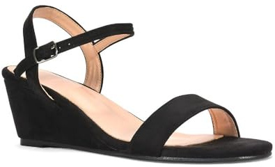 ESSEX GLAM Women's Low Heel Wedge Sandals Ladies Ankle Strap Faux Suede Open Toe Shoes Size 3-8