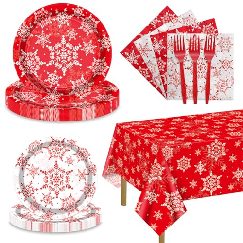 APUXXJUPA Christmas Snowflakes Plates Set for 20 Guests, Including Red Snowflakes Tablecloth, Napkins, Forks and Plates for Xmas Winter Holiday New Year Party Decorations