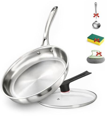 Chefswyn Tri-Ply Stainless Steel Frying Pan (26cm) with Glass Lid – Professional Induction Frying Pan for All Cooktops, Oven & Dishwasher Safe Stainless Steel Pan, Restaurant-Quality Cookware
