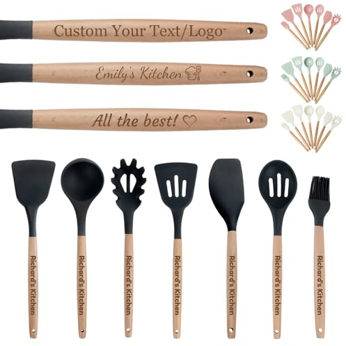 Juego de Utensilios de Cocina de Silicona Personalizados con Mangos de Madera Nombre Grabado a Medida Gadgets de Cocina de Silicona para Chefs Amantes de la Cocina Regalo Navidad (7 Piezas)