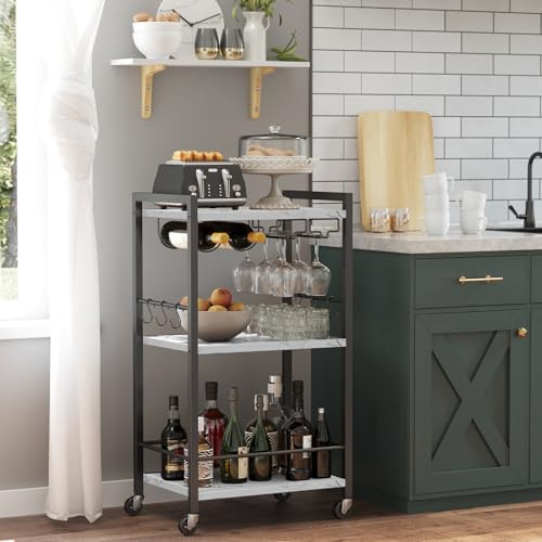 TUTOTAK Drinks Trolley, Bar Cart with 3-Tier Shelf, Serving Trolley with Wine Rack, Glass Holder, Rolling bar cart for The Home, Living Room, Marble White BC01BM035EU