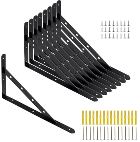 MAKTSAM Set of 8 Heavy Duty Shelf Brackets, 16 Inch Wall Mounted Triangle Shelving Brackets with Mounting Hardware, Black Right Angle Shelf Support