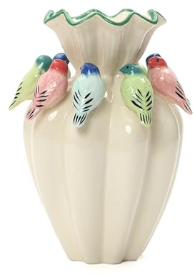 Hometopia Keramikvase Weiß, Moderne Blumenvase groß mit bunten 3D-Vögeln, extravagante Tischvase für Frischblumen, Trockenblumen & Pampasgras, 38,8cm