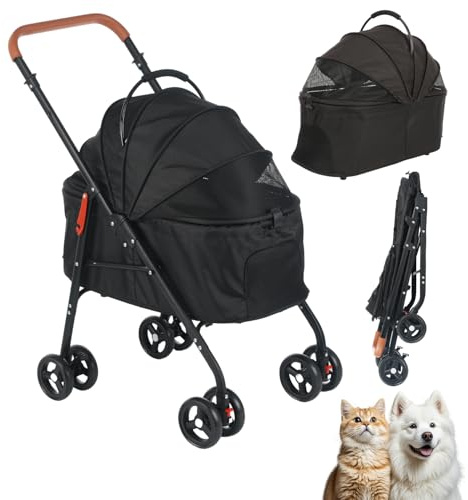 Dog Strollers for Medium Dogs, 3 in 1 Pet Stroller, Pet Strollers with Breathable Mesh, 4 Wheels Foldable Pets Pram for Small/Medium Dogs and Cats, Dog Buggy, Supports Up to 15 Kg, Black
