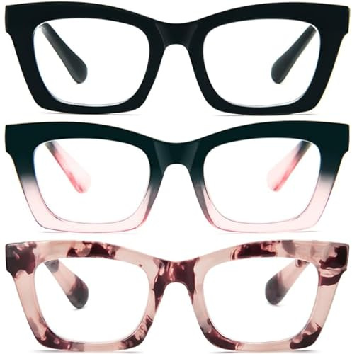KoKoBin 3 Pack Occhiali da lettura per donna, occhiali da computer oversize alla moda con dalla luce blu e cerniera a molla (Nero/Nero Rosa/Rosa leopardata, 2, x)