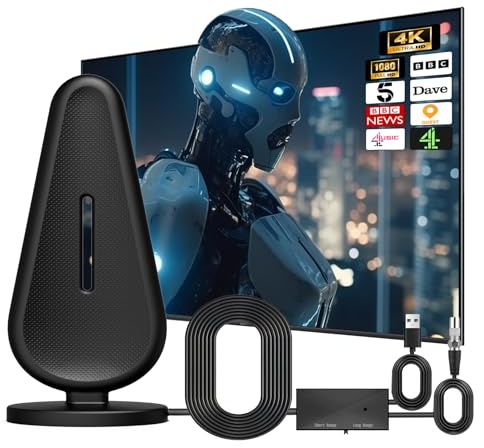 Indoor TV Aerial, TV Aerial with Signal Booster 560+ Miles Range Reception, TV Antenna with 21ft Coaxial Cable for Smart TeleVision, Support 4K 1080P HD, Support All Television for Local Channels