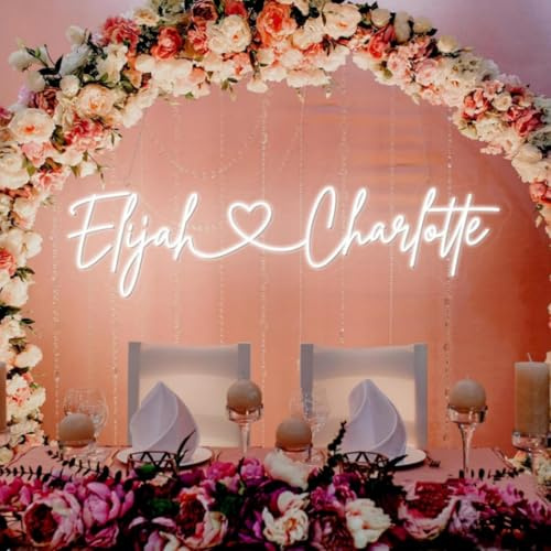Individuell gestaltetes LED-Neon-Hochzeitsschild für die Wanddekoration, mit den Namen des Paares und einem Herz-Neonlicht – personalisiert mit Herz, Verlobung, Jubiläum, als Valentinstagsgeschenk.
