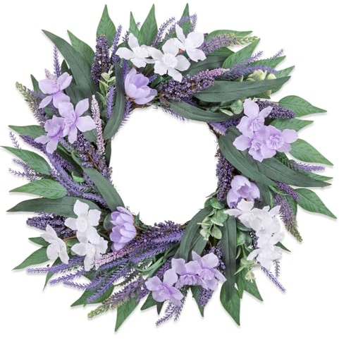 Enyhom Künstliche Lavendelkranz Ganzjährig, 45cm Türkranz Frühling Sommer Außen Deko für Bauernhaus, Lebensechte Blumen Dekokranz für Haustür Wohnzimmer Wand Dekoration