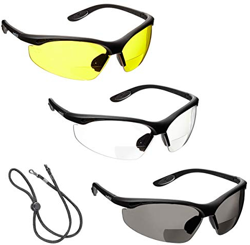 voltX 3x Constructor BIFOKALE Schutzbrille mit Lesehilfe (+1.5 Dioptrie klare, gelbe and rauchgraue Scheibe) CE EN166f Sportbrille für Radler, enthält Sicherheitsband mit headstop
