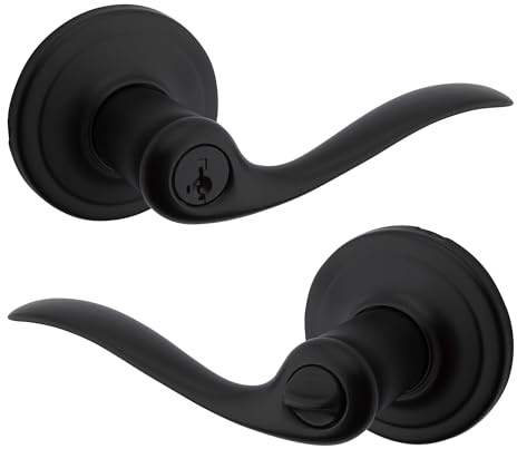 Kwikset Tustin Entry Door Handle with Lock and Key, Secure Keyed Reversible Lever Exterior, For Front Entrance and Bedrooms, Matte Black, Pick Resistant Smartkey Rekey Security and Microban